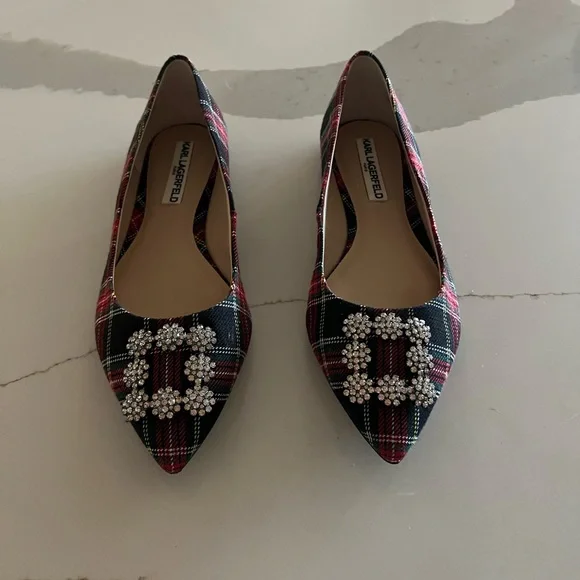 Karl Lagerfeld Black and Red Plaid Heels with Embellishments - Picture 1 of 6
